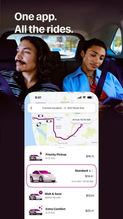 Lyft — Choose from Wait & Save, Priority Pickup, Bikes & Scooters, Lyft XL, Lyft Lux, Transit, or even Rentals