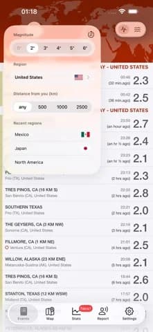 Earthquake - alerts and map — Dedicated Stats tab with customizable charts